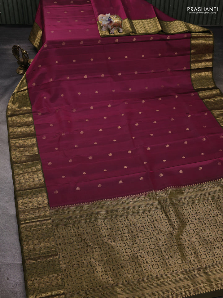 Pure soft silk saree dark magenta pink and sap green with elephant & rudhraksha zari woven buttas and rich zari woven border