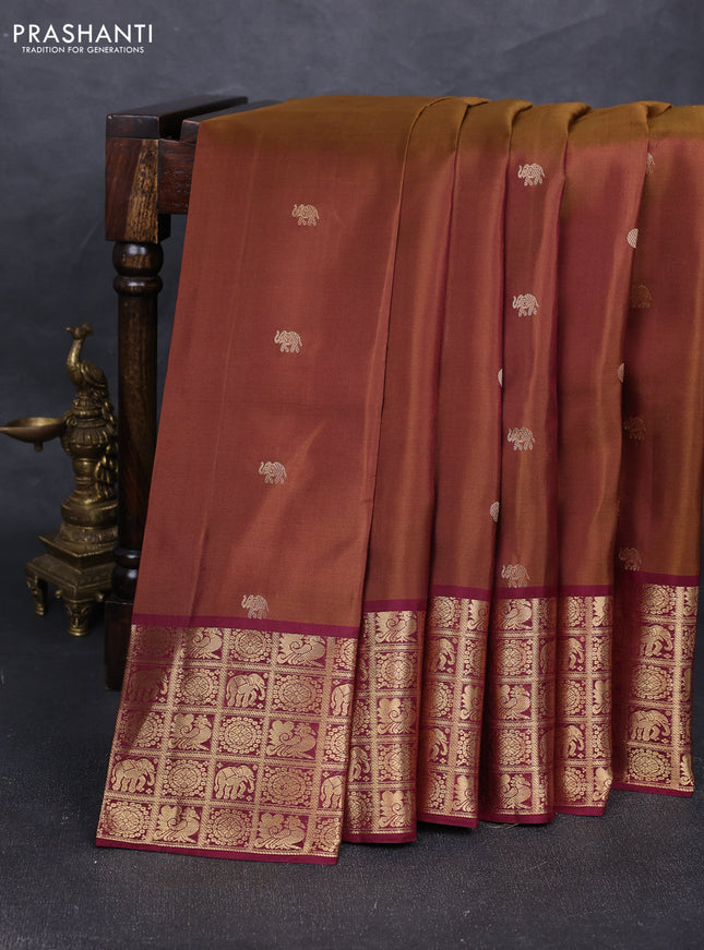 Pure soft silk saree honey shade and wine shade with elephant & rudhraksha zari woven buttas and rich zari woven border