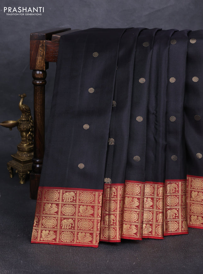Pure soft silk saree black and maroon with elephant & rudhraksha zari woven buttas and rich zari woven border