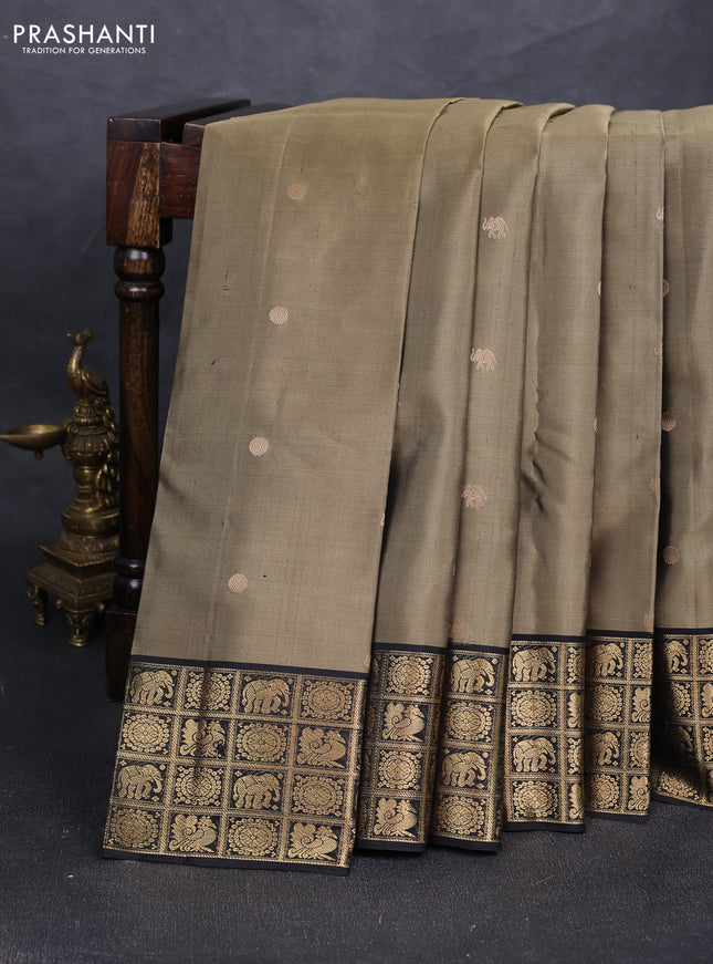 Pure soft silk saree elaichi green and black with elephant & rudhraksha zari woven buttas and rich zari woven border