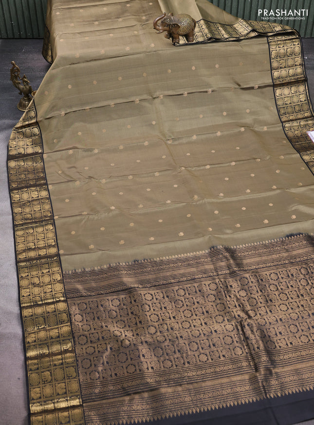 Pure soft silk saree elaichi green and black with elephant & rudhraksha zari woven buttas and rich zari woven border