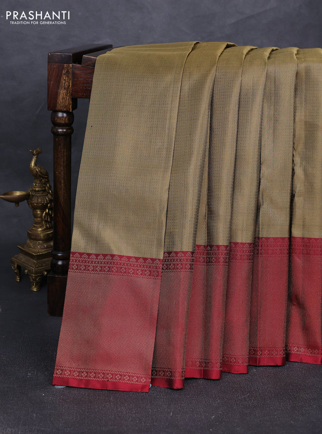 Pure soft silk saree olive green and maroon with allover zari woven brocade weaves and long zari woven border
