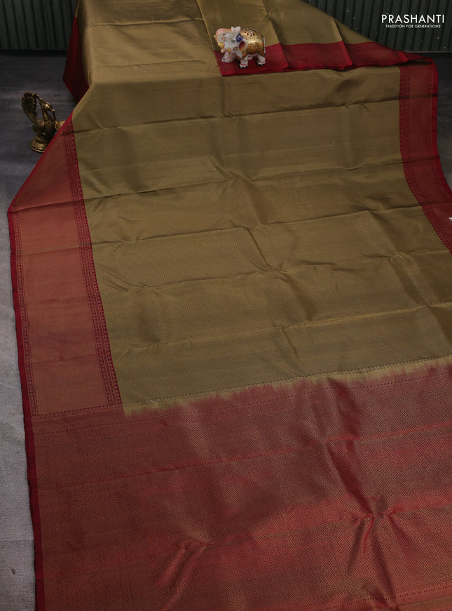 Pure soft silk saree olive green and maroon with allover zari woven brocade weaves and long zari woven border