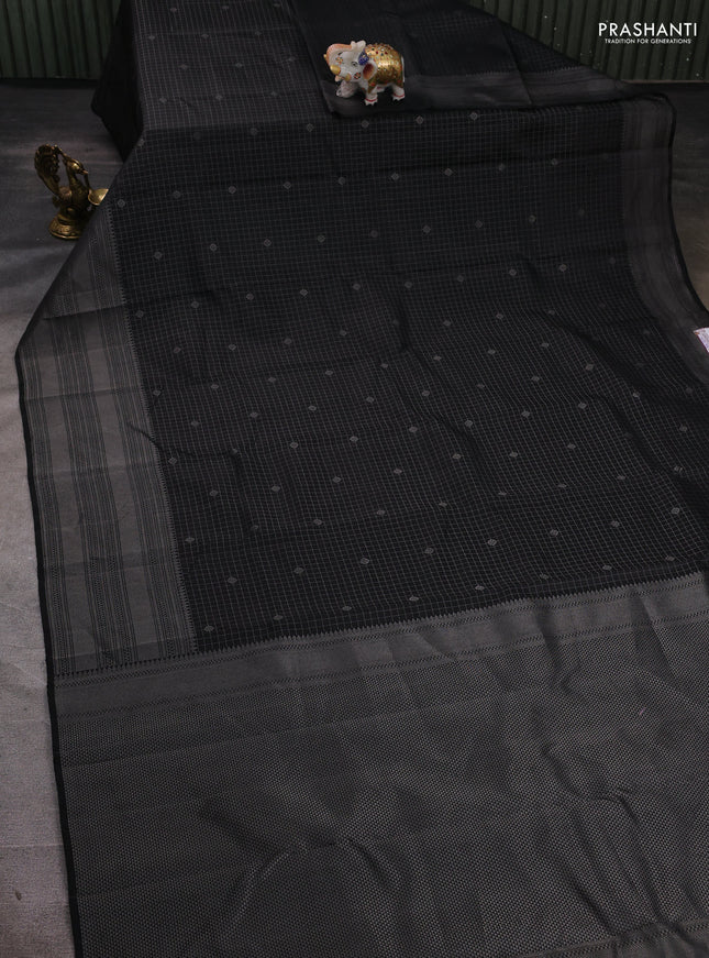 Pure soft silk saree black with allover silver zari checks & buttas and long silver zari woven border
