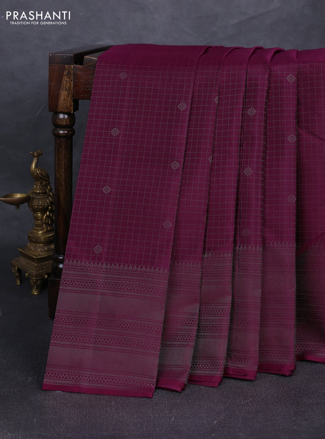 Pure soft silk saree dark magenta pink with allover silver zari checks & buttas and long silver zari woven border