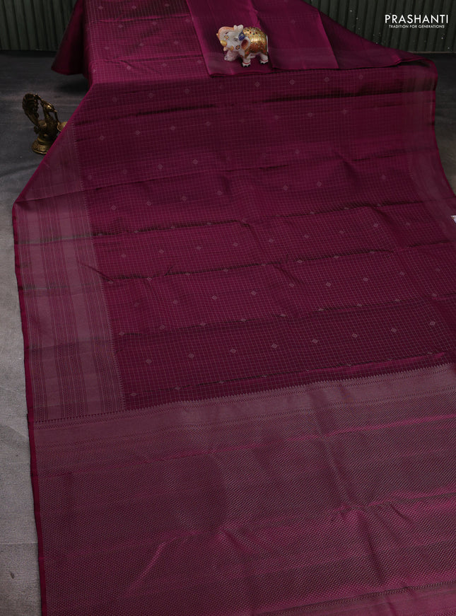 Pure soft silk saree dark magenta pink with allover silver zari checks & buttas and long silver zari woven border