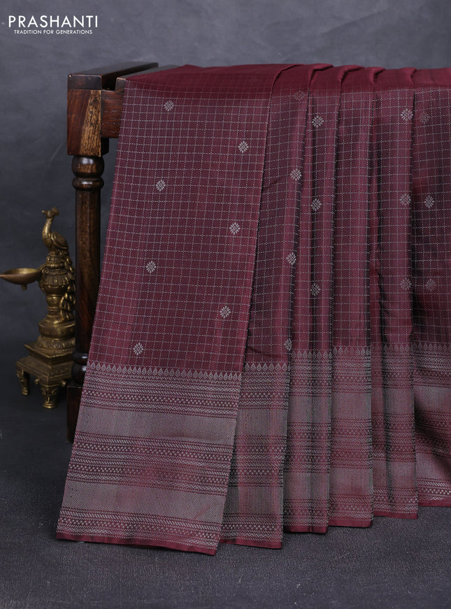 Pure soft silk saree coffee brown with allover silver zari checked pattern and long silver zari woven border