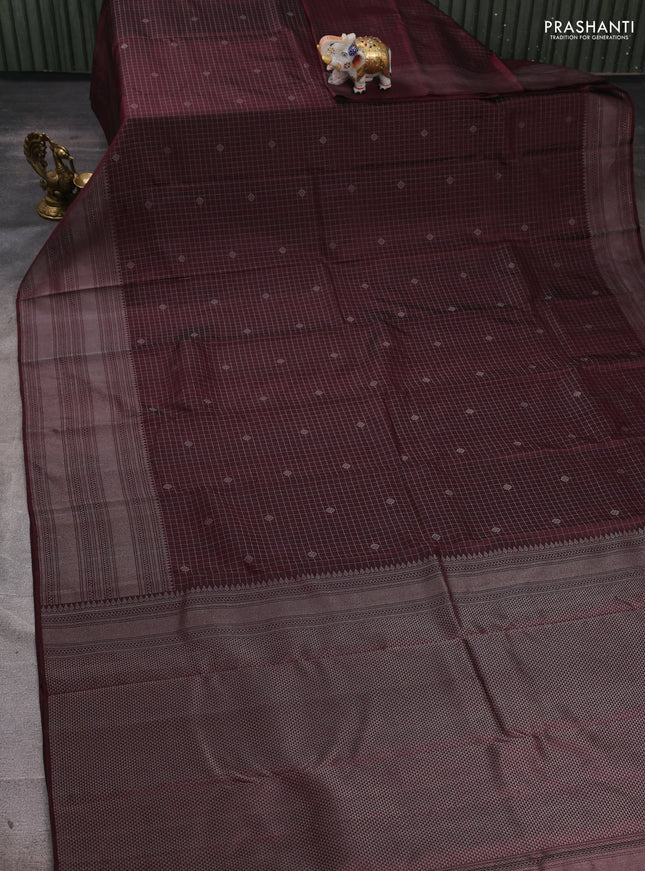 Pure soft silk saree coffee brown with allover silver zari checked pattern and long silver zari woven border
