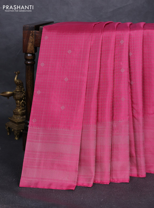 Pure soft silk saree mauve pink with allover silver zari checked pattern and long silver zari woven border