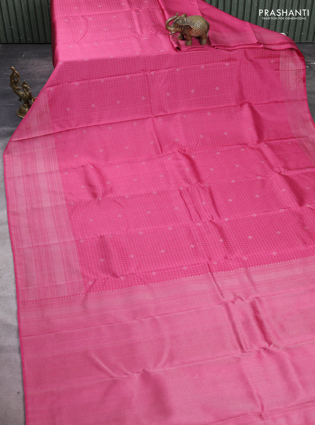 Pure soft silk saree mauve pink with allover silver zari checked pattern and long silver zari woven border