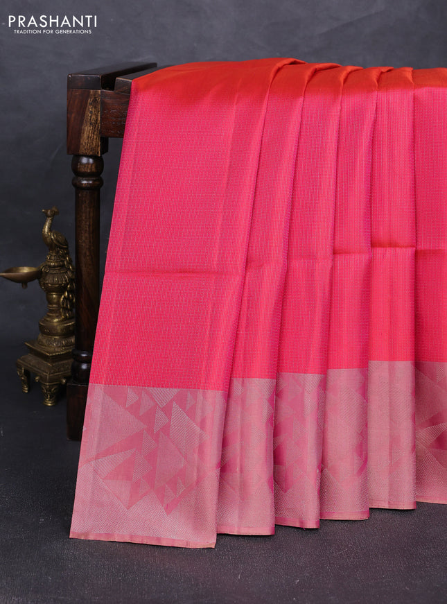 Pure soft silk saree dual shade of pinkish orange and dual shade of pink with allover silver zari woven brocade weaves and silver zari woven border