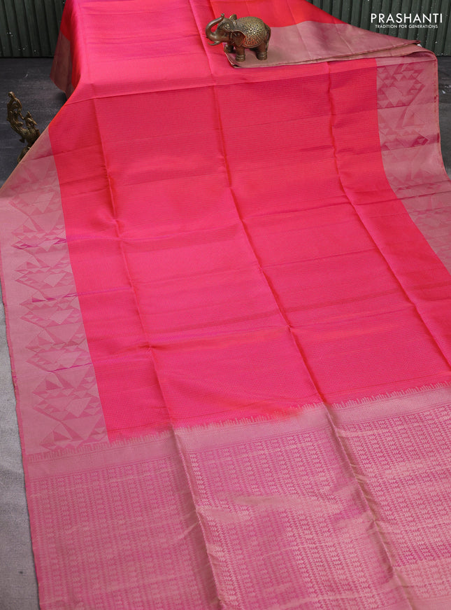Pure soft silk saree dual shade of pinkish orange and dual shade of pink with allover silver zari woven brocade weaves and silver zari woven border
