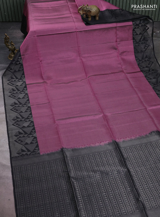 Pure soft silk saree mauve pink and black with allover silver zari woven brocade weaves and silver zari woven border