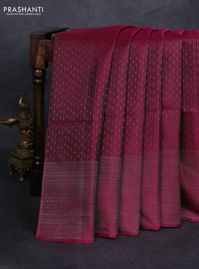 Pure soft silk saree wine shade with allover silver zari woven brocade weaves and silver zari woven border