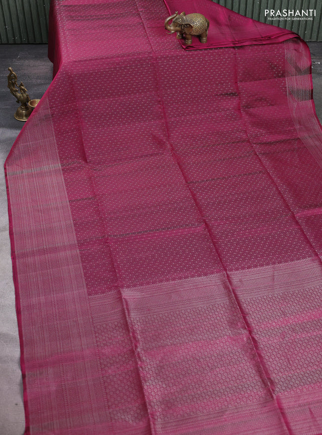 Pure soft silk saree wine shade with allover silver zari woven brocade weaves and silver zari woven border