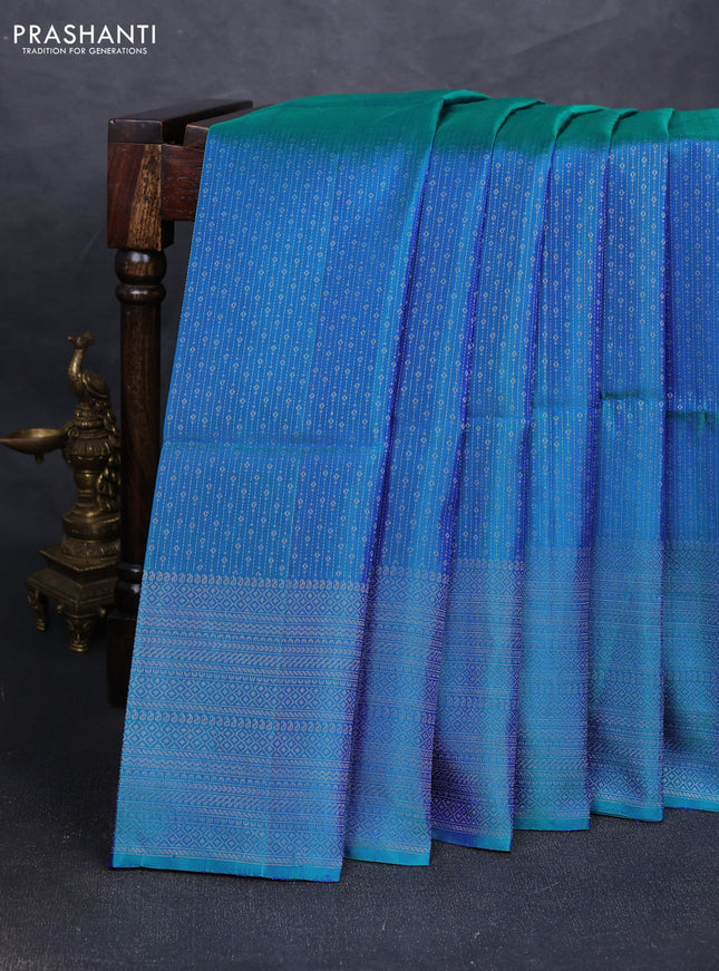 Pure soft silk saree dual shade of bluish green with allover silver zari woven brocade weaves and silver zari woven border