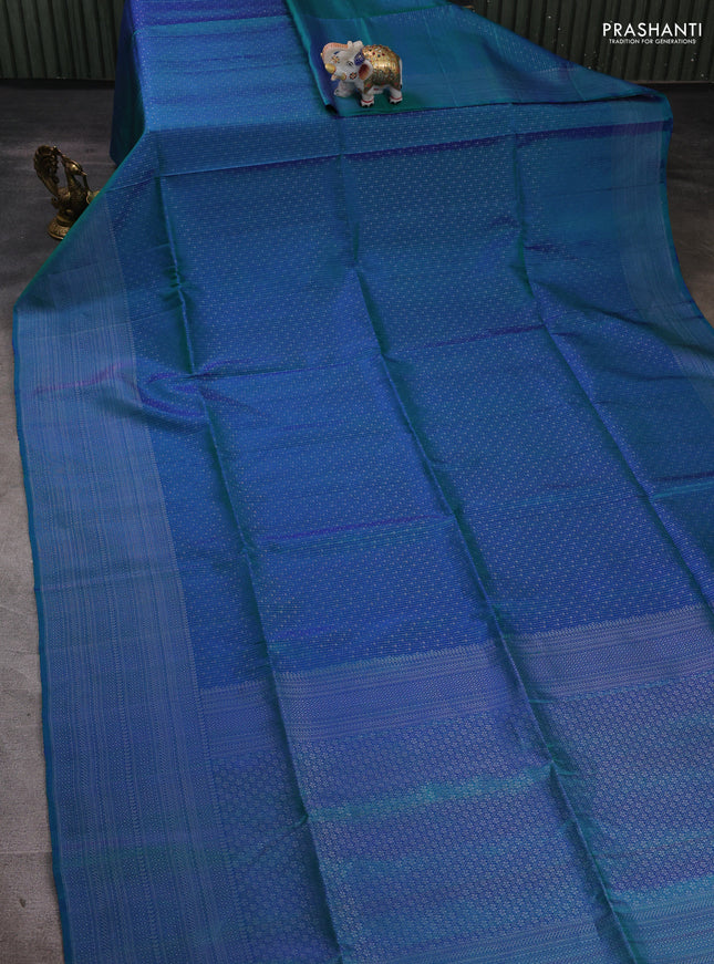 Pure soft silk saree dual shade of bluish green with allover silver zari woven brocade weaves and silver zari woven border