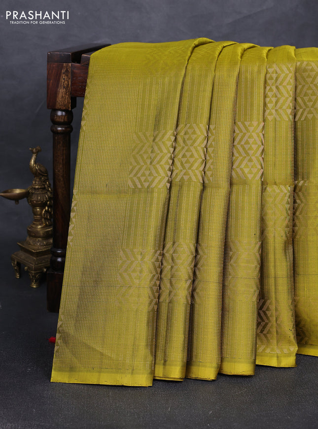 Pure soft silk saree mehendi green and maroon with allover zari woven brocade weaves in borderless style