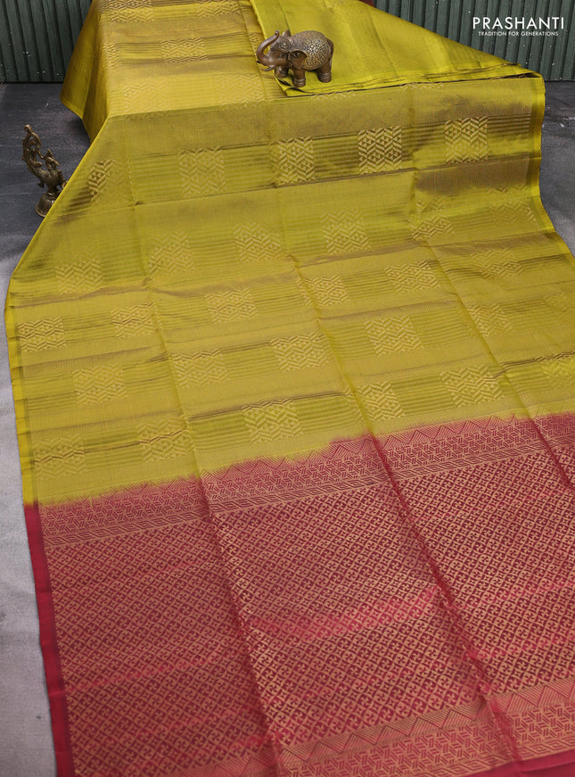 Pure soft silk saree mehendi green and maroon with allover zari woven brocade weaves in borderless style