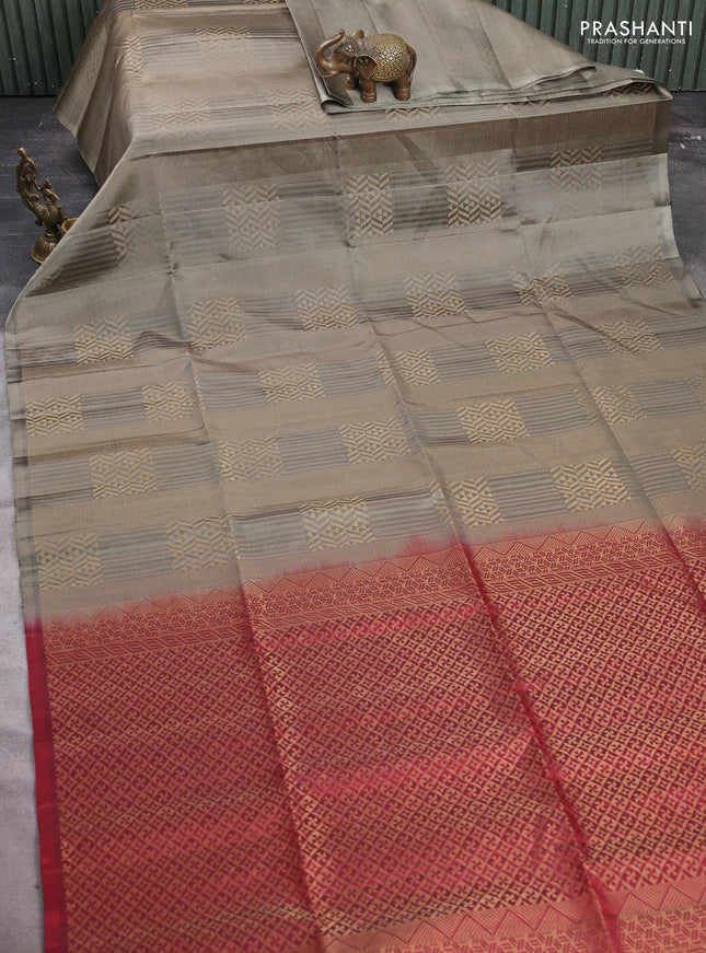 Pure soft silk saree greyish green and maroon with allover zari woven brocade weaves in borderless style