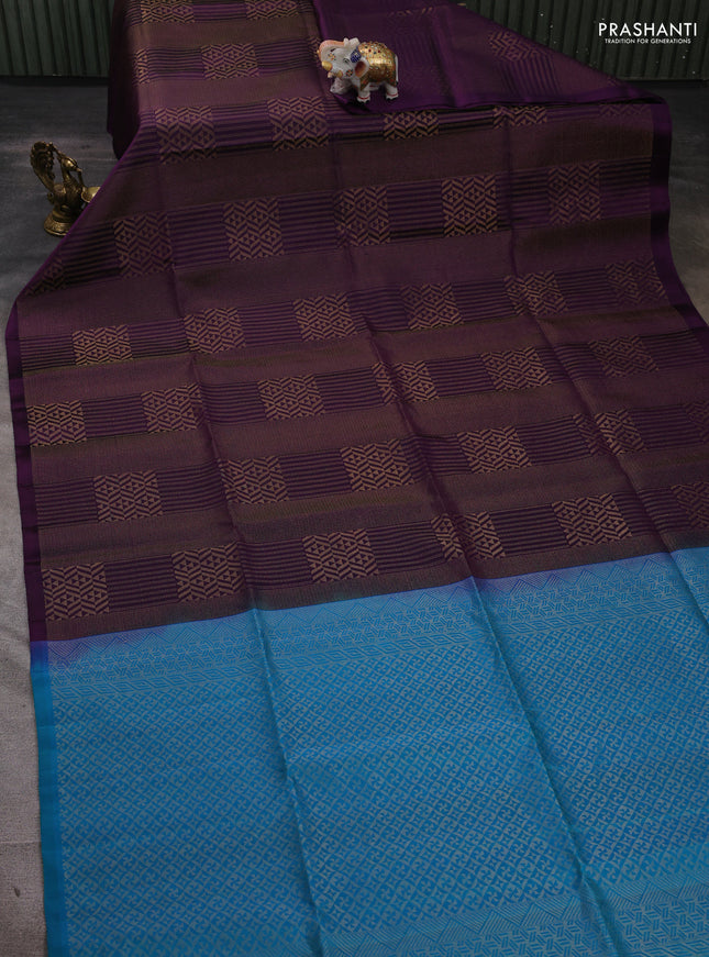 Pure soft silk saree purple and dual shade of teal bluish green with allover zari woven brocade weaves in borderless style
