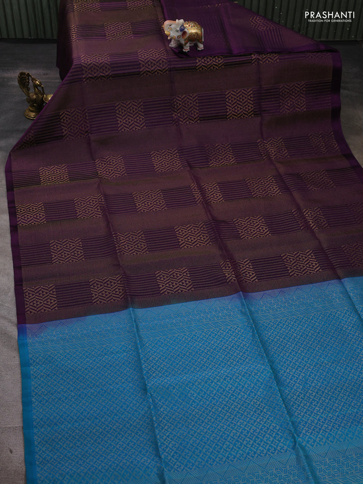 Pure soft silk saree purple and dual shade of teal bluish green with allover zari woven brocade weaves in borderless style