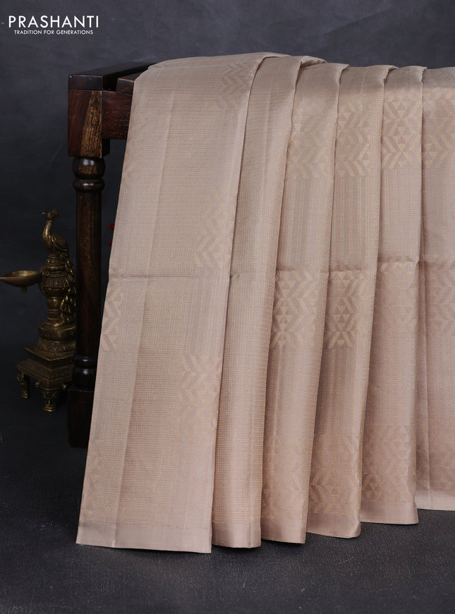 Pure soft silk saree beige and maroon with allover zari woven brocade weaves in borderless style