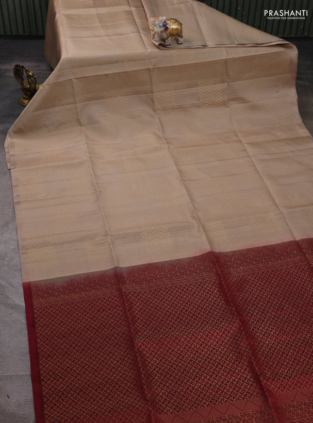 Pure soft silk saree beige and maroon with allover zari woven brocade weaves in borderless style