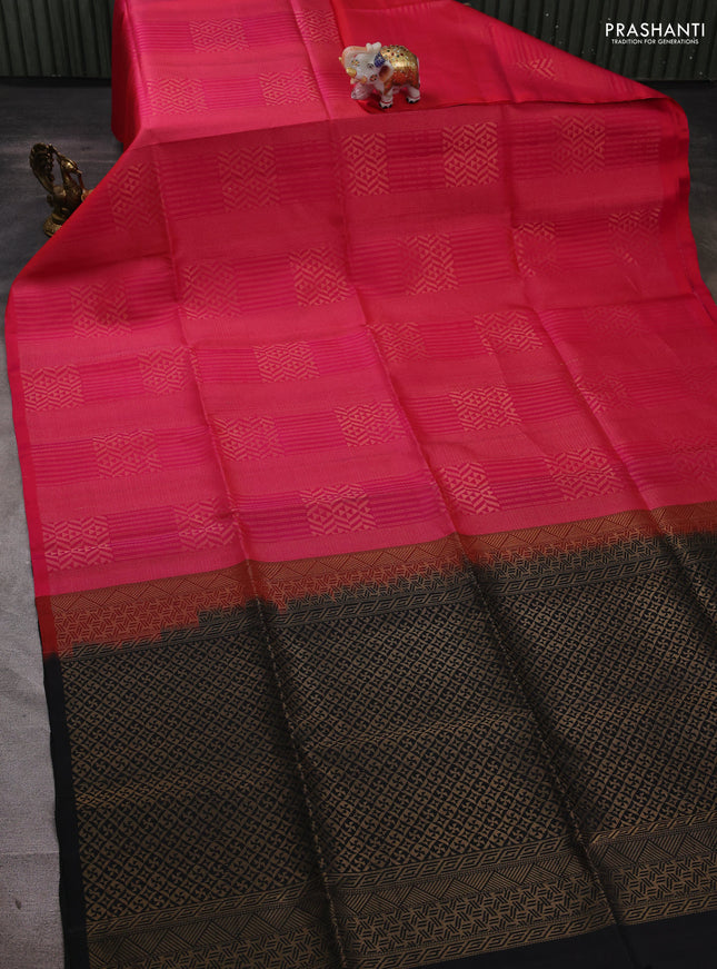 Pure soft silk saree pink and black with allover zari woven brocade weaves in borderless style