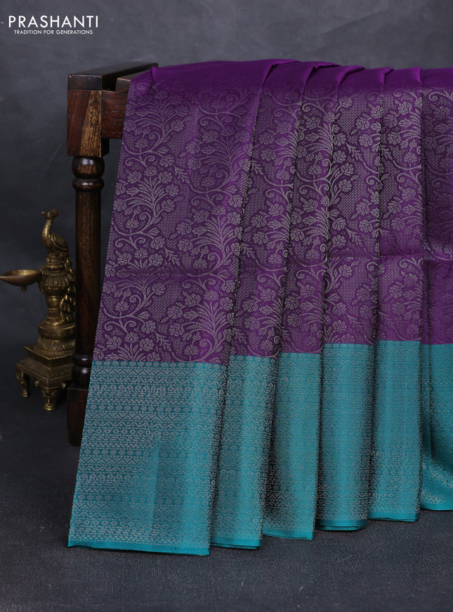 Pure soft silk saree violet and teal green with allover silver zari woven brocade weaves and silver zari woven border