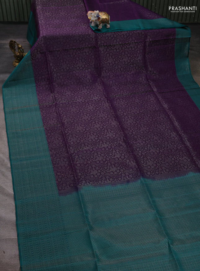 Pure soft silk saree violet and teal green with allover silver zari woven brocade weaves and silver zari woven border