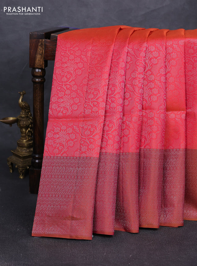 Pure soft silk saree dual shade of pinkish orange and pink shade with allover silver zari woven brocade weaves and silver zari woven border