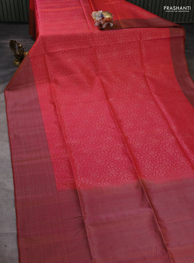 Pure soft silk saree dual shade of pinkish orange and pink shade with allover silver zari woven brocade weaves and silver zari woven border