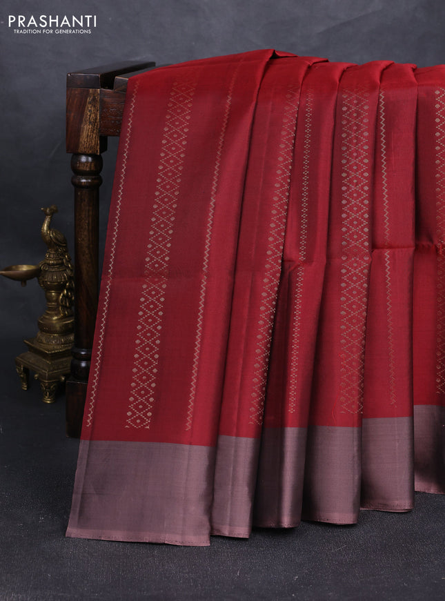 Pure soft silk saree maroon and rosy brown with allover zari weaves and simple border