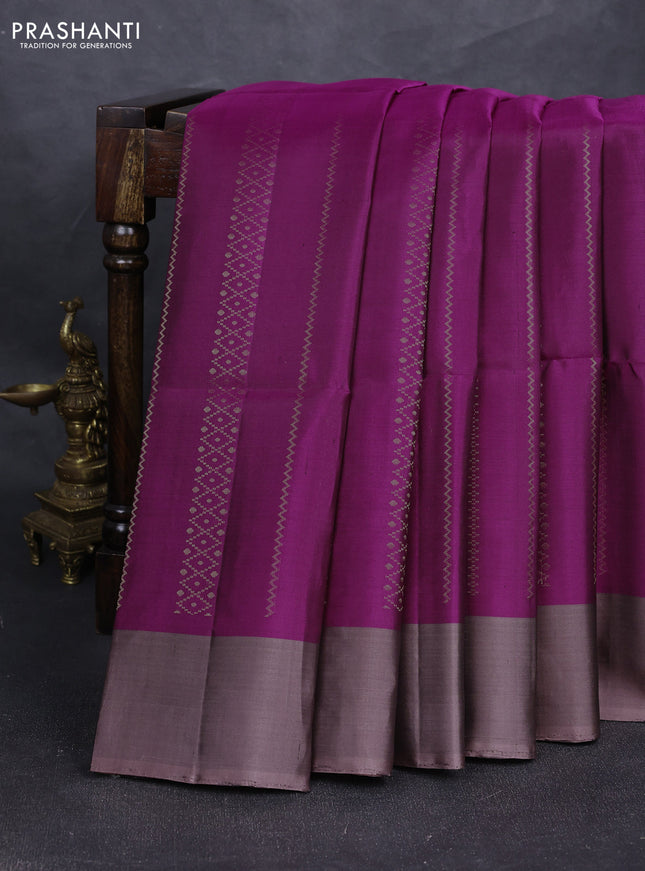Pure soft silk saree dark magenta pink and rosy brown with allover zari weaves and simple border