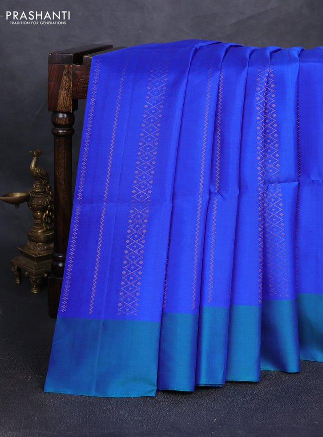 Pure soft silk saree royal blue and dual shade of bluish green with allover zari weaves and simple border