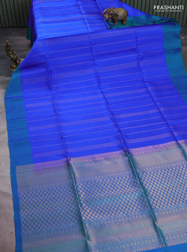 Pure soft silk saree royal blue and dual shade of bluish green with allover zari weaves and simple border