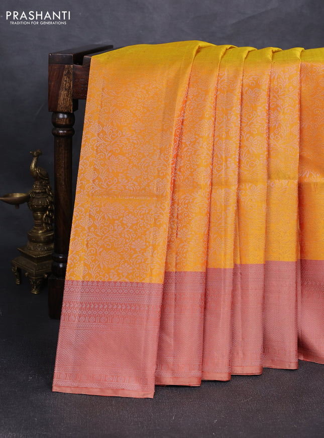 Pure soft silk saree yellow and rust shade with allover silver zari woven brocade weaves and silver zari woven border