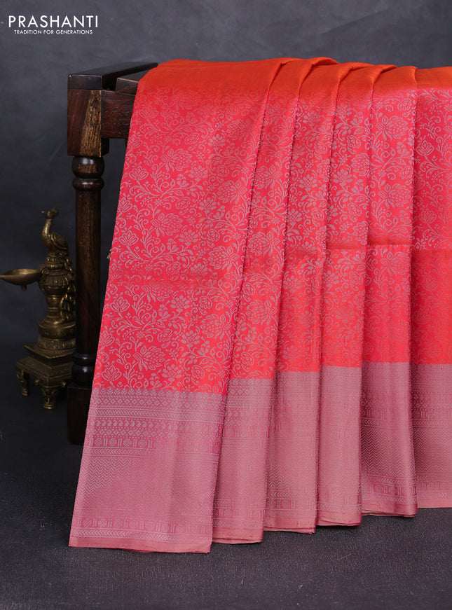 Pure soft silk saree dual shade of pinkish orange and dual shade of magenta pink with allover silver zari woven brocade weaves and silver zari woven border