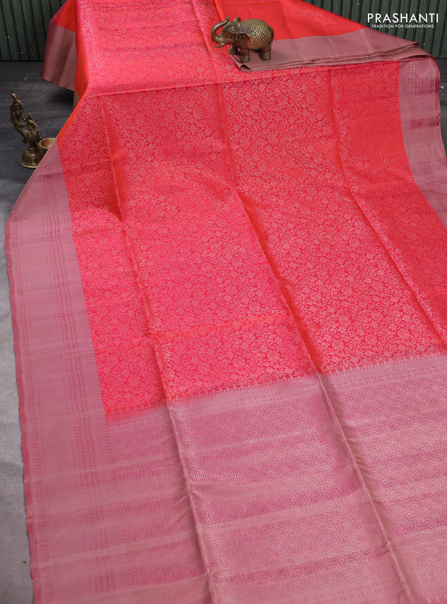 Pure soft silk saree dual shade of pinkish orange and dual shade of magenta pink with allover silver zari woven brocade weaves and silver zari woven border