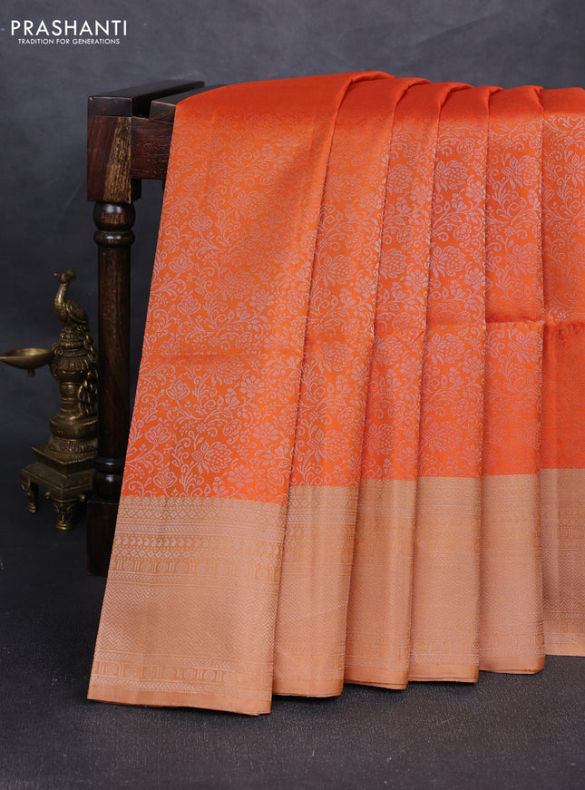 Pure soft silk saree orange and dark mustard with allover silver zari woven brocade weaves and silver zari woven border