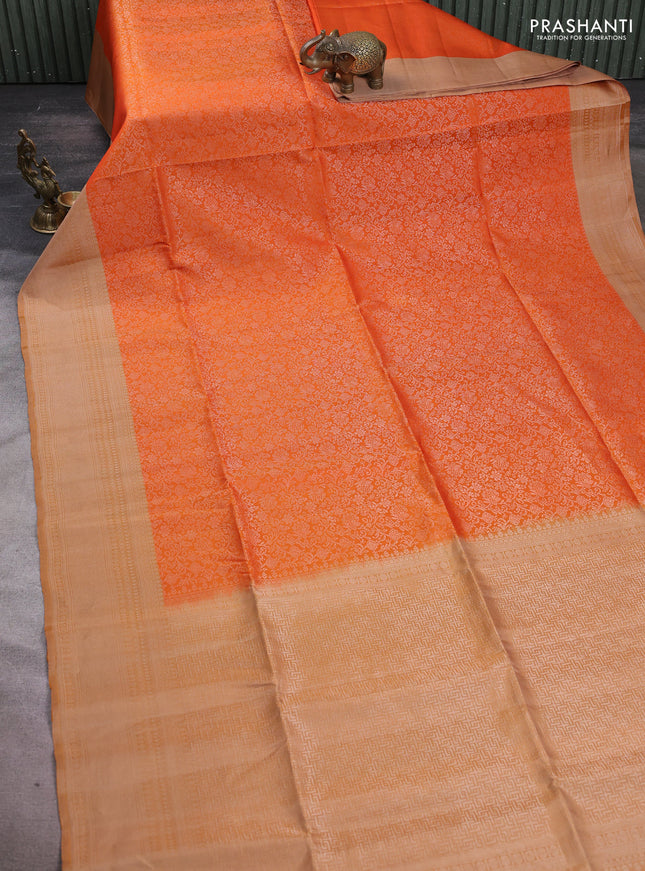 Pure soft silk saree orange and dark mustard with allover silver zari woven brocade weaves and silver zari woven border
