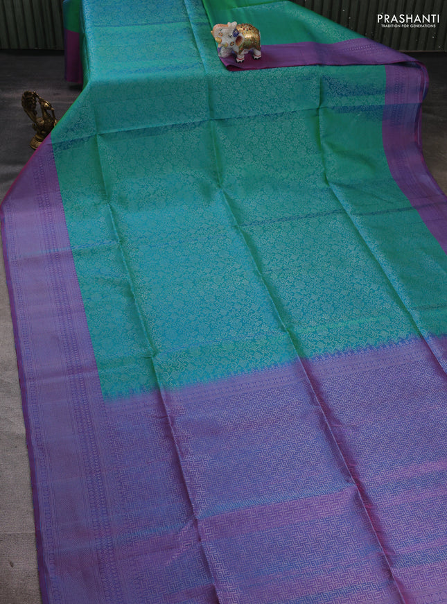 Pure soft silk saree dual shade of teal bluish green and dual shade of blue with allover silver zari woven brocade weaves and silver zari woven border