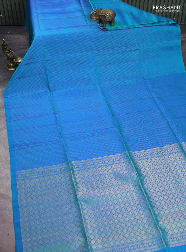 Pure soft silk saree dual shade of bluish green with allover zari stripe pattern in borderless style