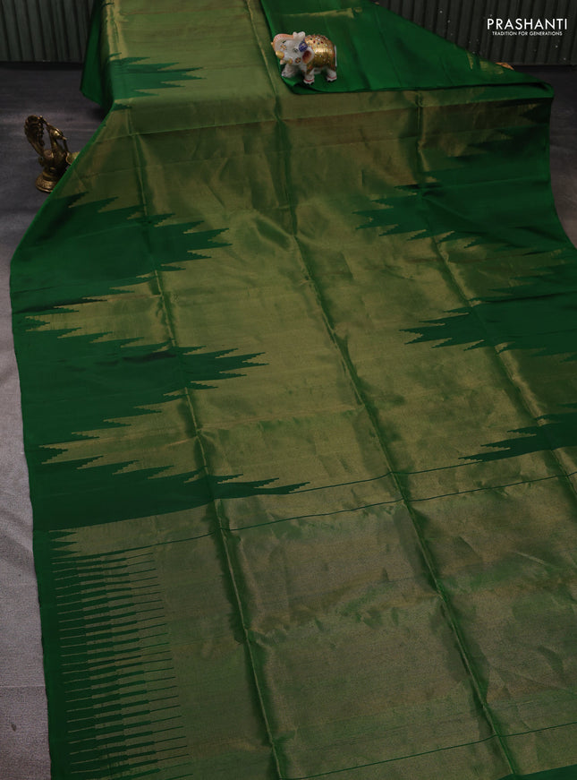 Pure soft silk saree green with allover zari weaves and temple design simple border