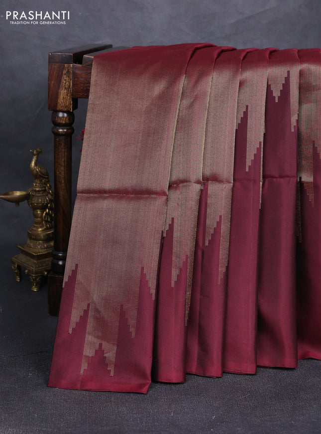 Pure soft silk saree maroon with allover zari weaves and temple design simple border