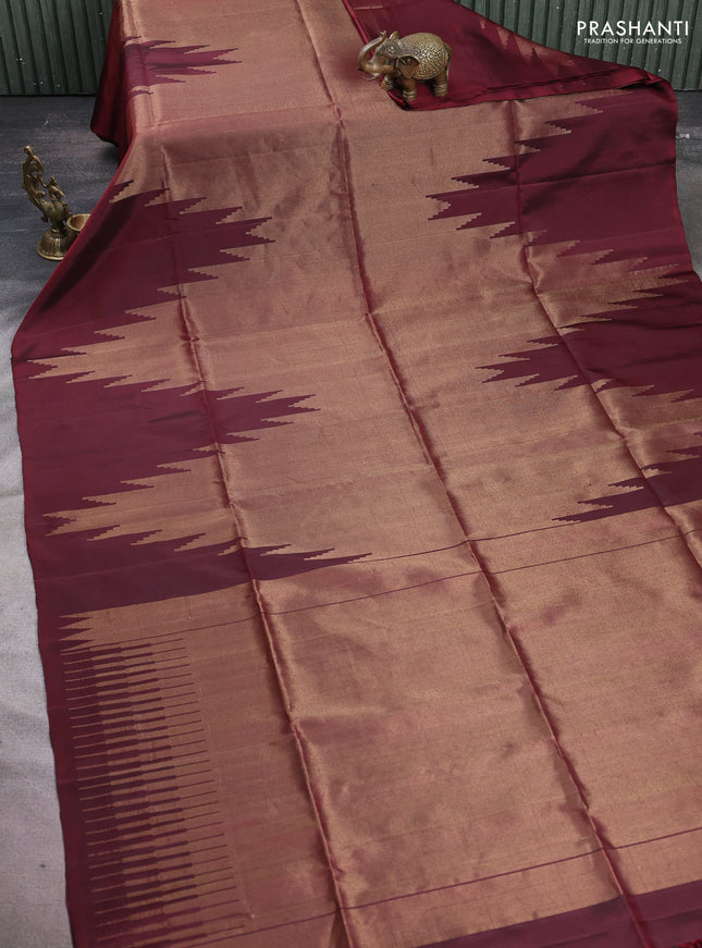 Pure soft silk saree maroon with allover zari weaves and temple design simple border