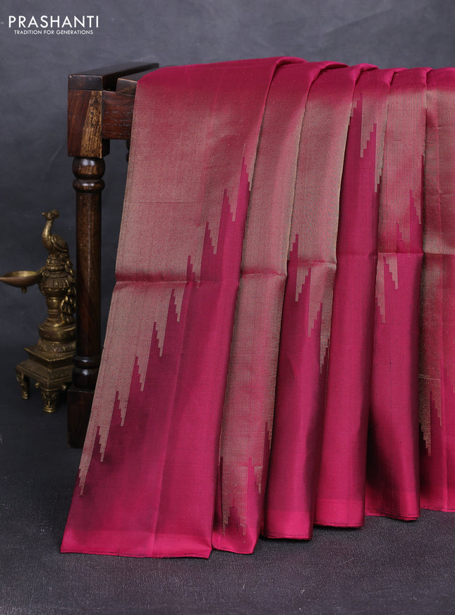 Pure soft silk saree dark magenta with allover zari weaves and temple design simple border