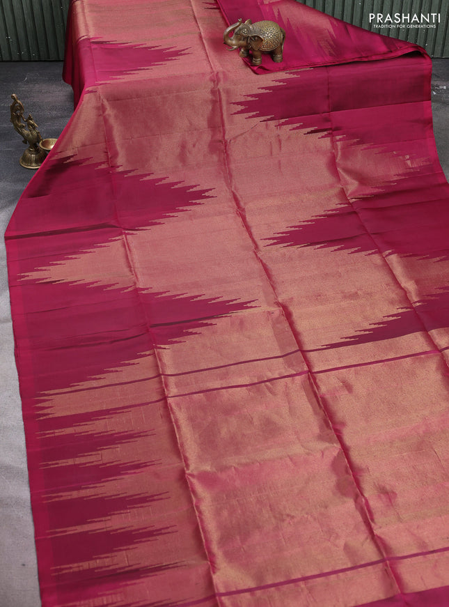 Pure soft silk saree dark magenta with allover zari weaves and temple design simple border