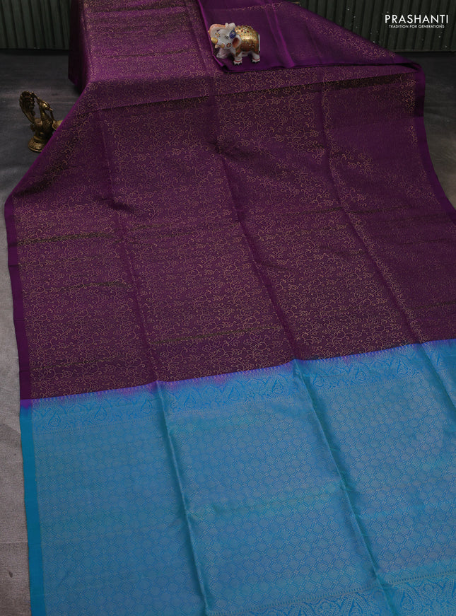 Pure soft silk saree purple and dual shade of bluish green with allover zari woven brocade weaves in borderless style